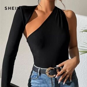 SHEIN Black One-Shoulder Asymmetric Long Sleeve Top